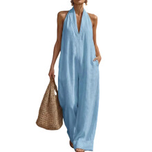 Trendy effen kleur broekpak, ontspannen taille,-Blauwe L