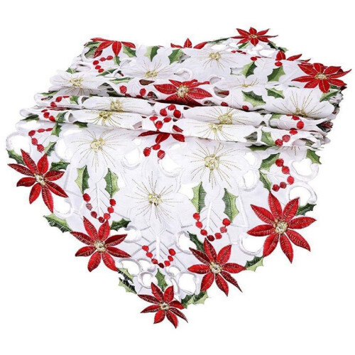2X Corredor de Mesa de Natal, Toalhas de Mesa Bordadas com Folhas de Azevinho Poinsétia para DecoraçõEs de Natal 15 X 53 Polegadas 1