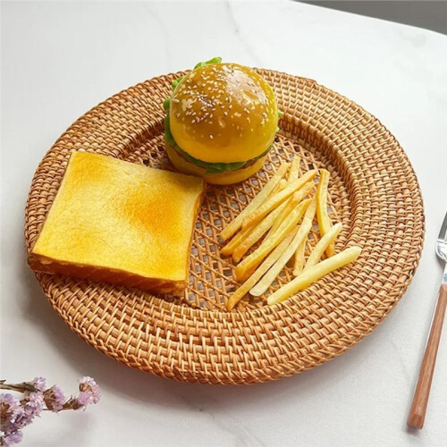 Prato de Vime Natural Feito À Mão de 13 Polegadas, Jogo Americano Redondo Decorativo, Bandeja para Servir Pão e Lanches, Decoração de Mesa 1