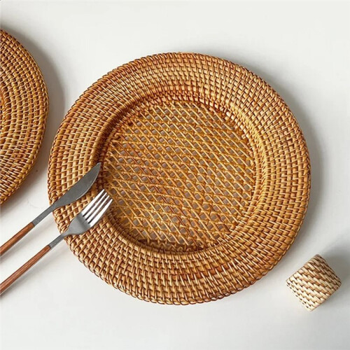 Prato de Vime Natural Feito À Mão de 13 Polegadas, Jogo Americano Redondo Decorativo, Bandeja para Servir Pão e Lanches, Decoração de Mesa 2