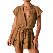 Rompers for Women V Neck Short Sleeve Button Up Ruffle-Khaki L