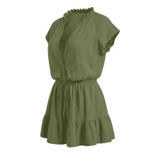 Rompers for Women V Neck Short Sleeve Button Up Ruffle-Green S