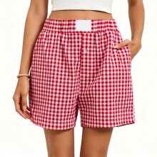 Stylish Cotton Checkered Shorts For Women Loose Fit Short-Red S