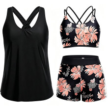 Maillot de bain tankini confortable pour femme, ensemble-Noir S