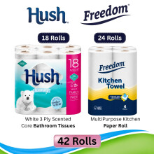Freedom Rhino Kitchen Paper 24 Rolls + Hush White 3-Ply Toilet Tissues 18 Rolls