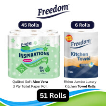 Freedom Aloe 3-Ply Toilet Paper 45 Rolls + Rhino Jumbo Kitchen Towels 6 Rolls