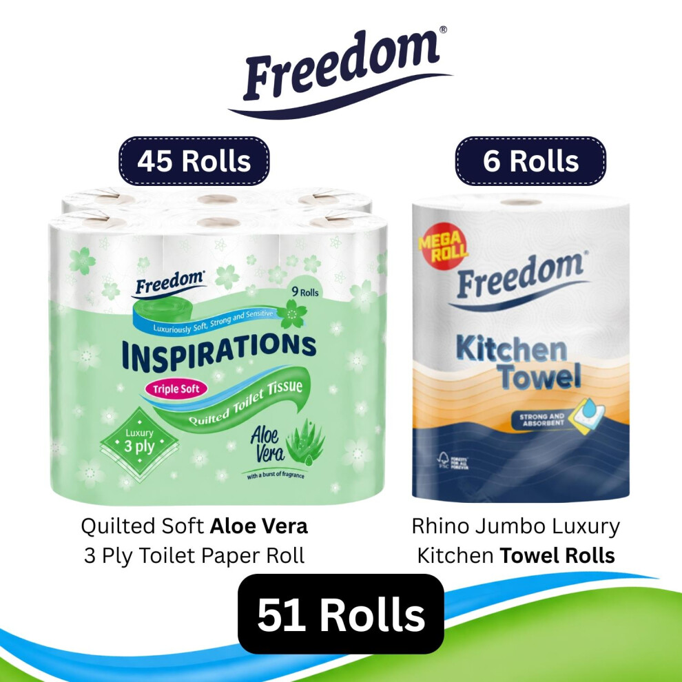B&Q - Aloe 3-Ply Toilet Paper 45 Rolls + Rhino Jumbo Kitchen Towels 6 Rolls - Image 2