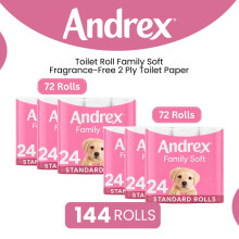Andrex Toilet Roll Family Soft Fragrance-Free 2 Ply Toilet Paper, 144 Rolls