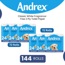 Andrex Toilet Rolls x144 Classic Clean Fragrance-Free 2 Ply Toilet Paper Rolls