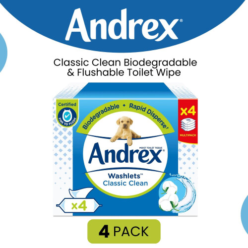 Andrex Andrex Washlets Classic Clean Biodegradable & Flushable Toilet Wipes. 4 Pack