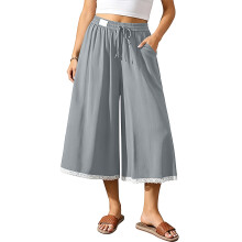 Women's Linen Culottes Wide Leg Flowy Pants-Light Gray S