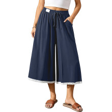 Linnen culottes voor dames, wijde pijpen, zwierige-Marineblauw S