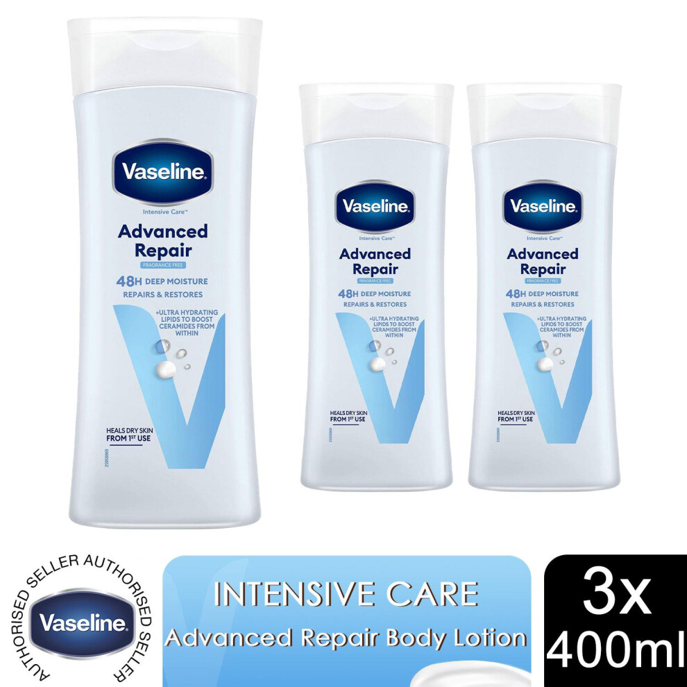 Vaseline Advanced Repair Fragrance Free Body Lotion 400Ml, 3 Pack