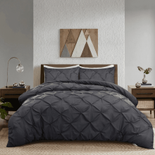 (King, Charcoal) Luxury Pintuck Duvet Bedding Set with Pillowcases