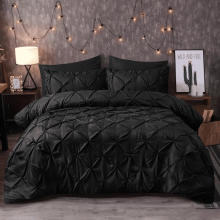 (Double, Black) Luxury Pintuck Duvet Bedding Set with Pillowcases