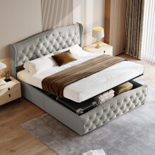 (King, Grey) Velvet Ottoman Storage Bed Frame, Wing Tufted Headboard & Hydraulic Lift Underbed Storage