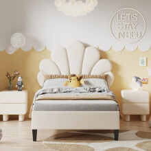 (Single, Cream Beige) Kids Single Bed Frame, Padded Headboard with Wood Slat Support Base