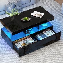 (104cm, Black) Modern LED Coffee Table, 2 Large Pull-Out Storage Drawers, Sofa Side Table