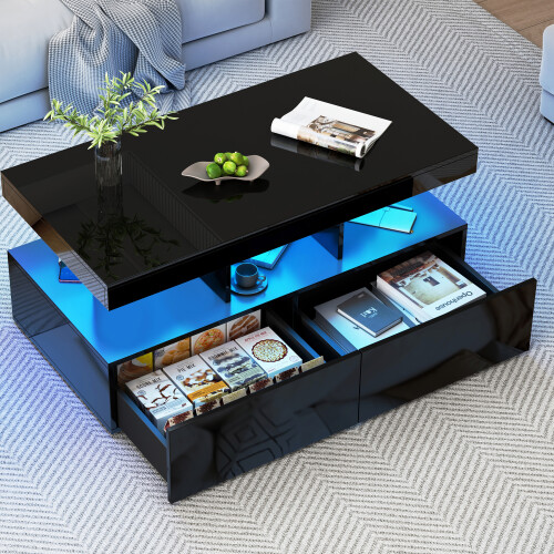(104cm, Black) Modern LED Coffee Table, 2 Large Pull-Out Storage Drawers, Sofa Side Table