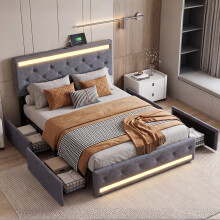 (Double, Grey) Upholstered Bed Frame, Headboard with USB & RGB LED, 4 Pull-Out Metal Storage Drawers & Wood Slats