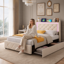 (3ft Single, Cream Beige) Velvet Bed Frame, Headboard with USB & LED, 2 Drawers