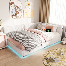 (Single, Cream White) L-Shaped Corner Day Bed Frame with RGB LED Lights, USB & Type-C Charging Ports