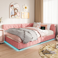 (Single, Pink) L-Shaped Corner Day Bed Frame with RGB LED Lights, USB & Type-C Charging Ports