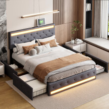 (King, Grey) Upholstered Bed Frame, Headboard with USB & RGB LED, 4 Pull-Out Metal Storage Drawers & Wood Slats