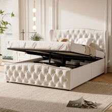 (King, Cream White) Velvet Ottoman Storage Bed Frame, Wing Tufted Headboard & Hydraulic Lift Underbed Storage