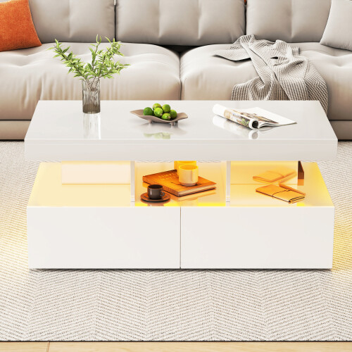 (104cm, White) Modern LED Coffee Table, 2 Large Pull-Out Storage Drawers, Sofa Side Table 1