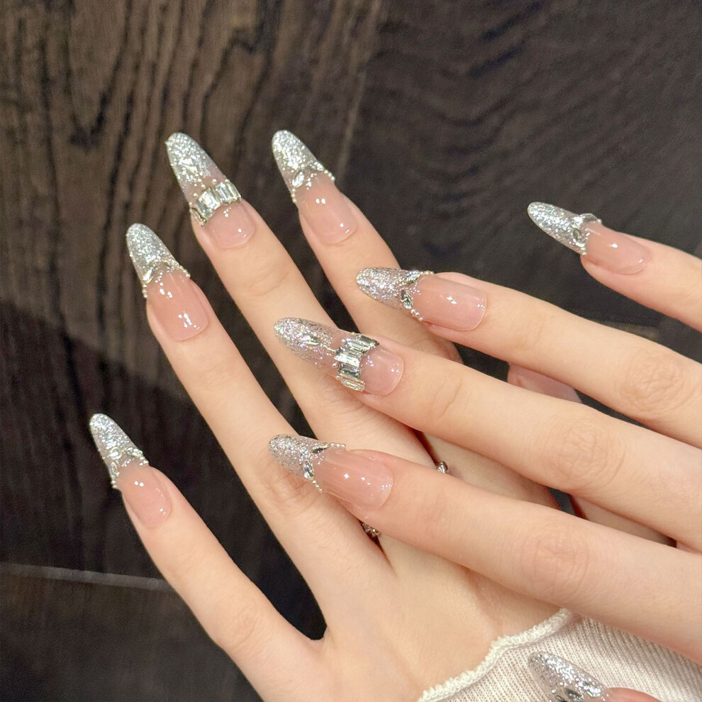 Dcph-Clothing (Xs) 10Pcs Silver Rhinestone Press On Nails For Women