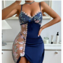 (NavyBlue,S)Polyester Lingerie Sleepwear With Seethrough Design For Women Bedroom Fashion