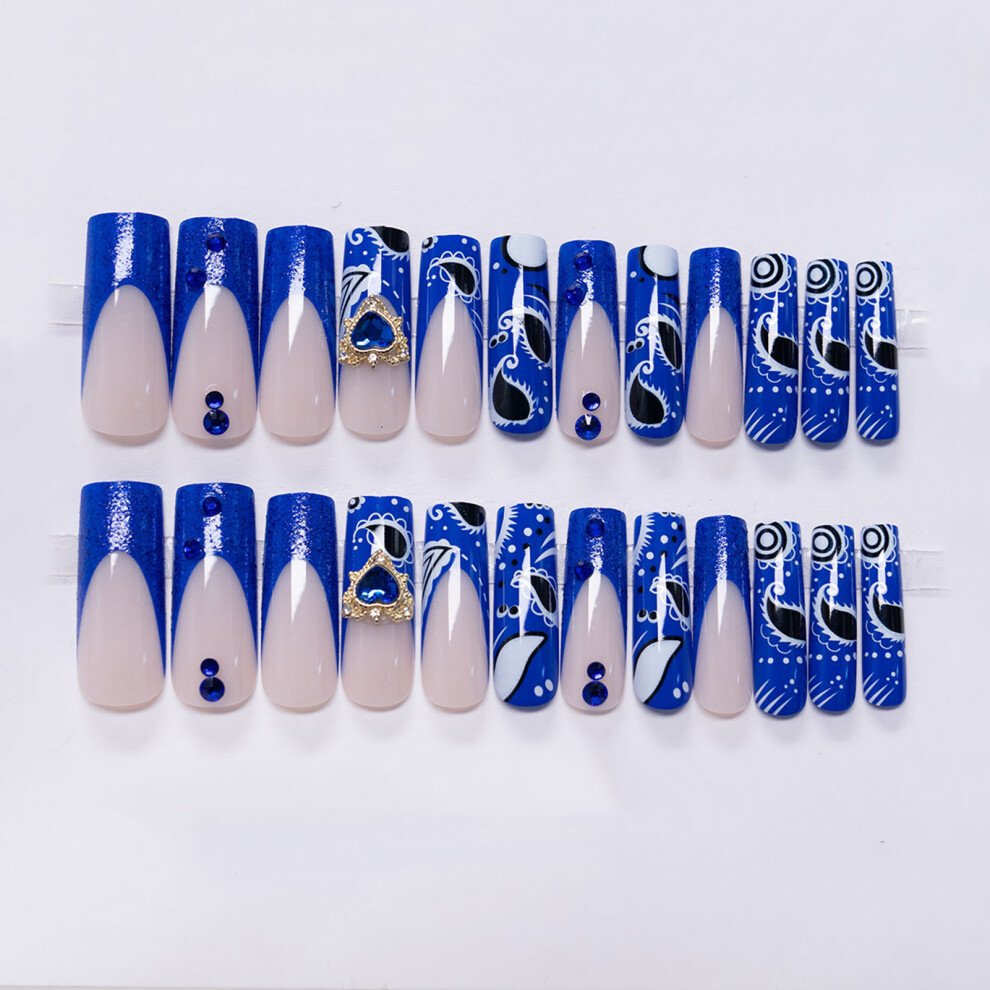 Hue-Grain Blue Rhinestone False Nails 24Pcs Wedding Party Wear