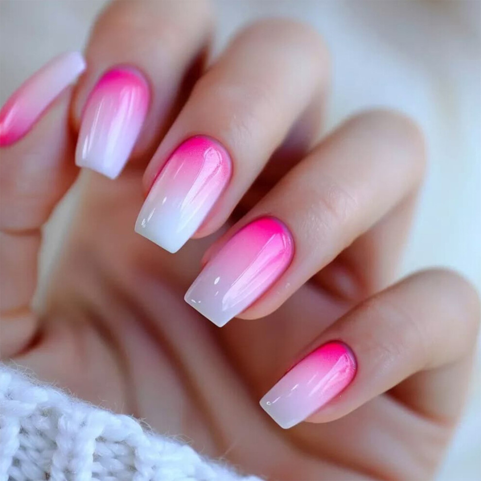 Roc-Electron 24Pcs Pink White Gradient False Nails For Women