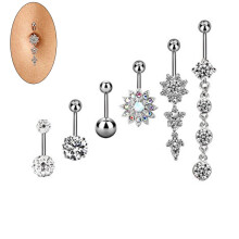 (Silver) 6Pcs Stainless Steel Crystal Belly Rings