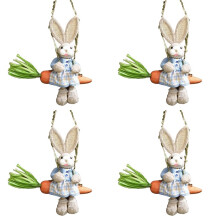 4X Easter Straw Bunny Figurine, Straw Rabbit Carrot Swing, Bunny Statue Hanging Ornament A