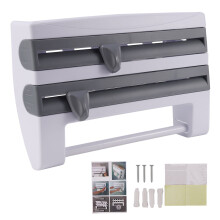 4-in-1 Kitchen Roll Dispenser Cling Film Foil Towel Holder Rack Wall Mounted Set Grey