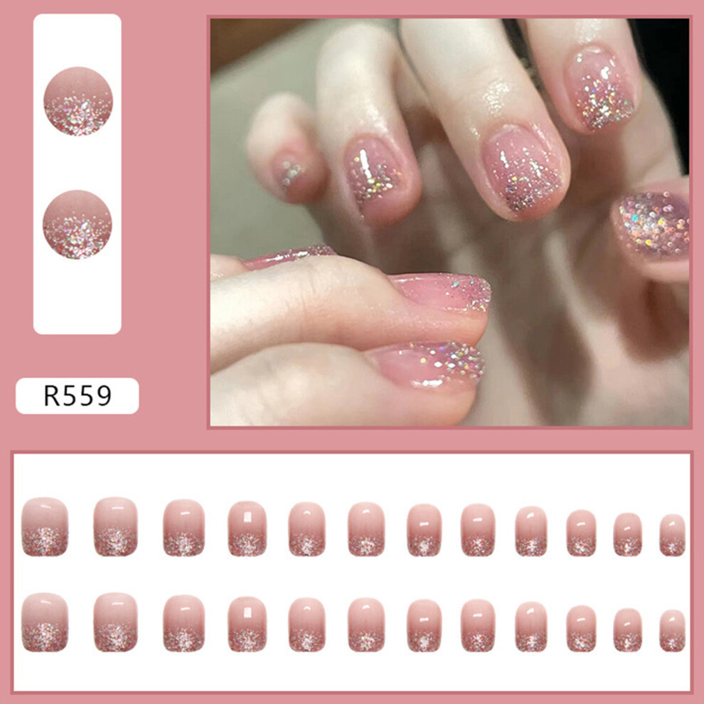 Roc-Electron 24Pcs Glitter Pink Short Fake Nails