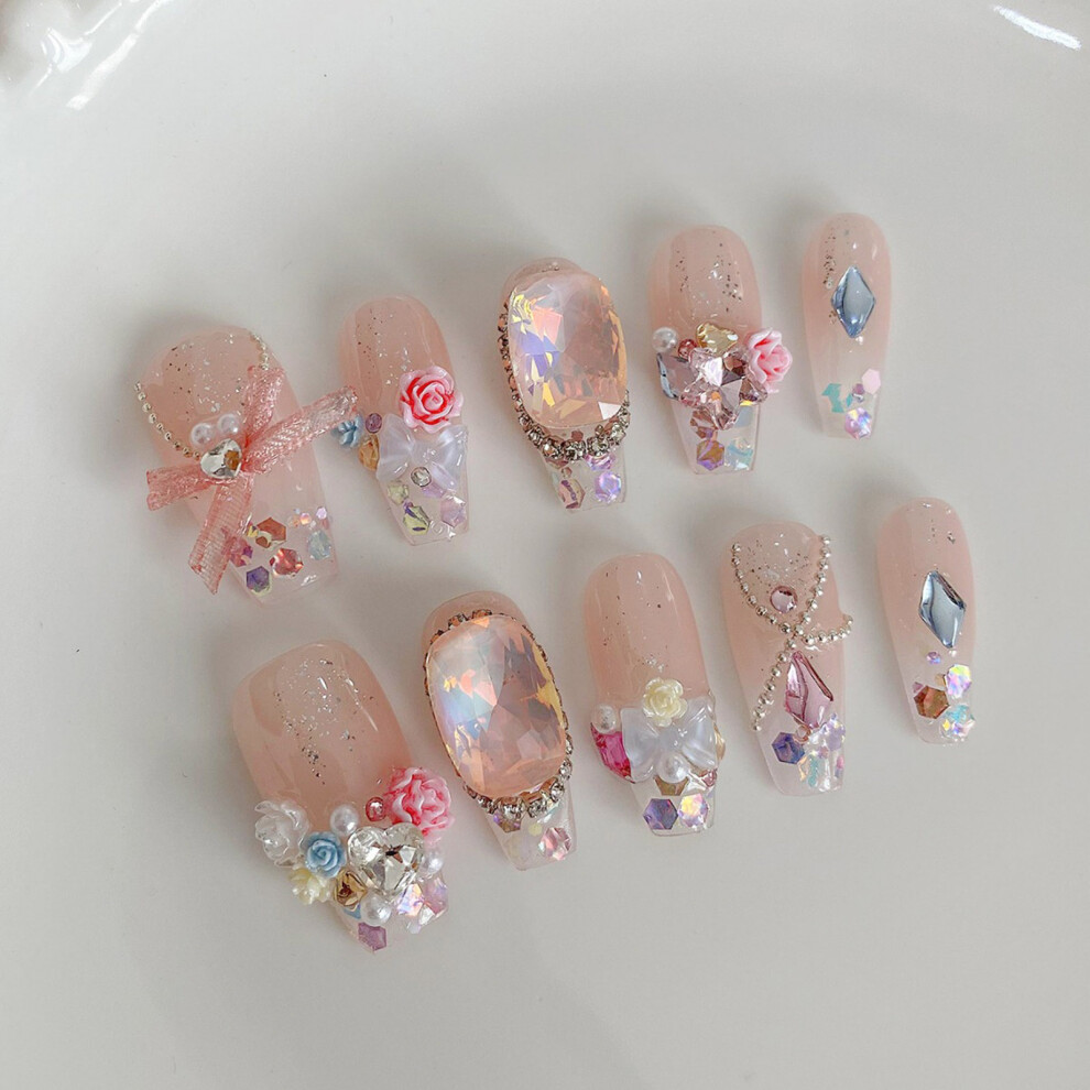 Creation-3C (S) Glitter Pink Fake Nails - Easy Apply For Women