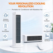 White Portable Bladeless Fan, Rechargeable Personal Cooling Fan, 3-Speed USB Cordless Fan for Bedroom, Office, Home & Travel