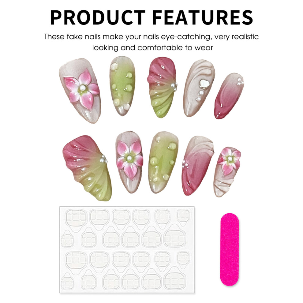 Creation-3C (Xs) 10Pcs Pink Green Gradient Fake Nails W/Flower Design