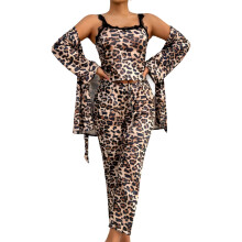 3 Piece Sleepwear Outfit Leopard Print Cami Top Long Pant And-L