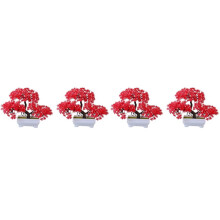 4Pcs Artificial Plant Bonsai Plastic Small Tree Pot Fake Plant Flower Potted Ornaments for Home Room Table,Red