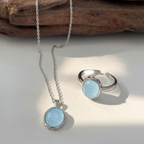 Silver Plated Oval Aqua Blue Necklace & Adjustable Ring 1