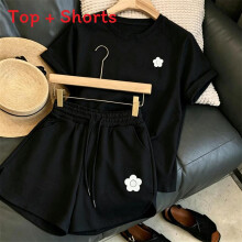 (Black Flower,L)Damen Sommer Kurzarm Oberteil und Shorts Set für Freizeit Aktivitäten Outfits