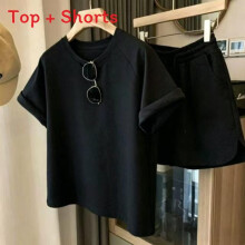 (Black,XL)Damen Sommer Kurzarm Oberteil und Shorts Set für Freizeit Aktivitäten Outfits