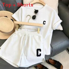 (White C,2XL)Damen Sommer Kurzarm Oberteil und Shorts Set für Freizeit Aktivitäten Outfits