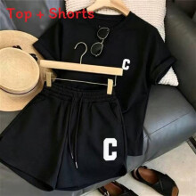 (Black C,M)Damen Sommer Kurzarm Oberteil und Shorts Set für Freizeit Aktivitäten Outfits