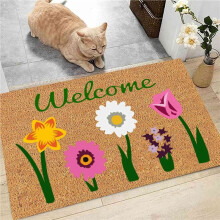 4X Welcome Floral Coir Doormat for Indoor Outdoor the Outdoor Mat for Entryway Outside Yard Home Decoration