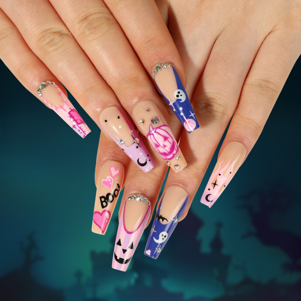 Phui-Pet-Supplies (Jelly Glue Model) Halloween Pumpkin Nails With Rhinestones, Reusable